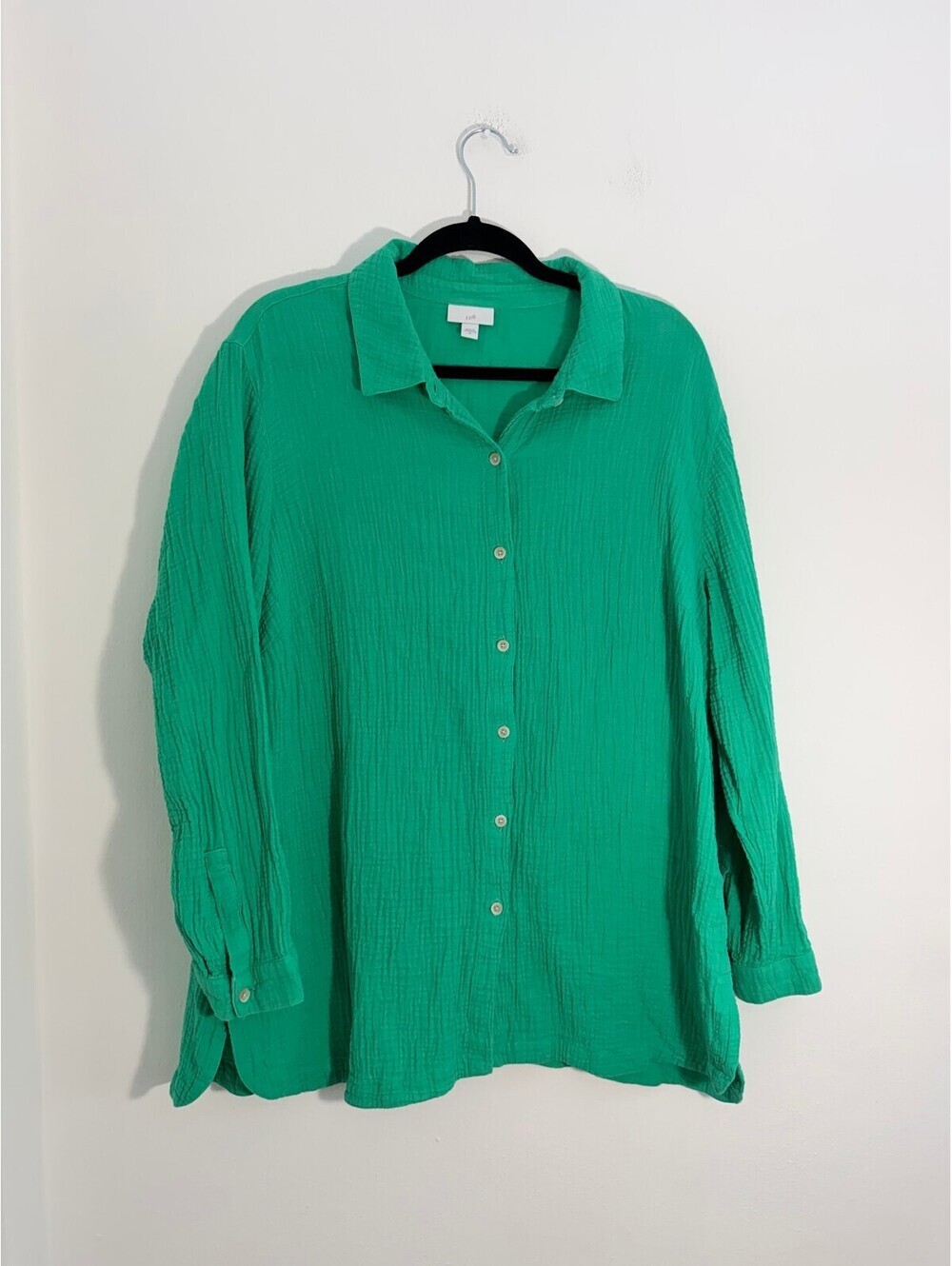 J.Jill Green Crinkle Gauze Cotton Button Front Shirt XL Lightweight Long Sleeve